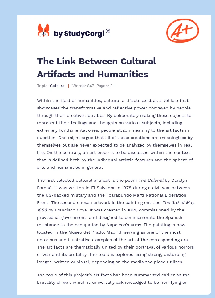 The Link Between Cultural Artifacts and Humanities. Page 1