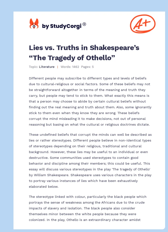 Lies vs. Truths in Shakespeare’s “The Tragedy of Othello”. Page 1