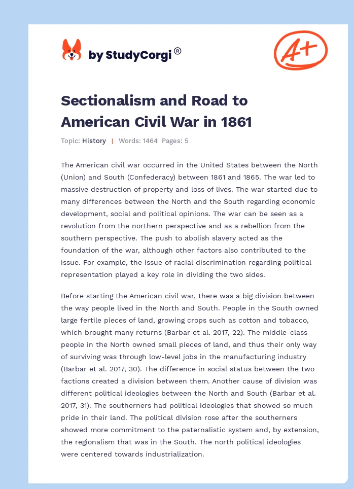 Sectionalism and Road to American Civil War in 1861. Page 1