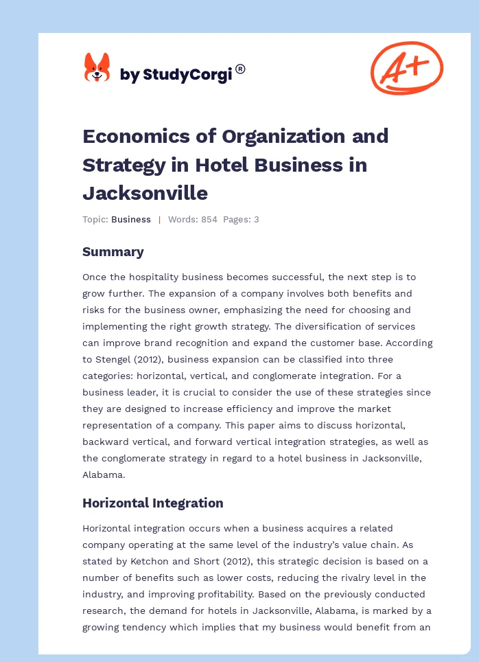 Economics of Organization and Strategy in Hotel Business in Jacksonville. Page 1