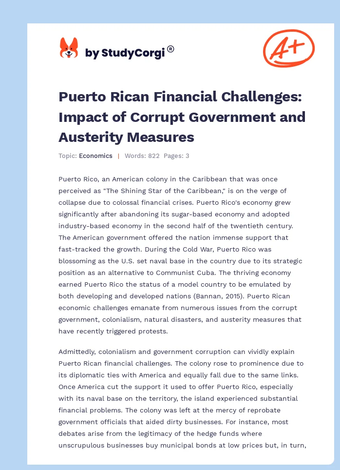 Puerto Rican Financial Challenges: Impact of Corrupt Government and Austerity Measures. Page 1