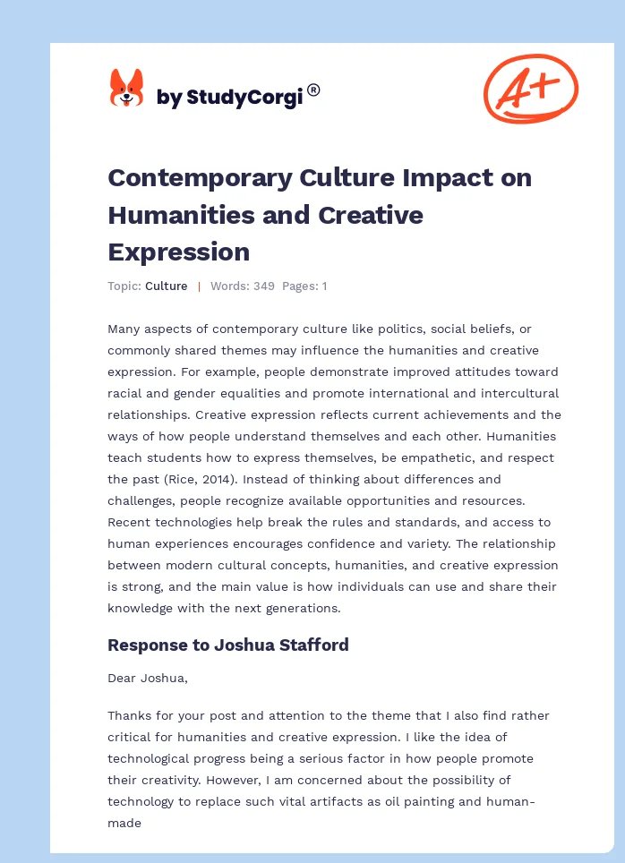 Contemporary Culture Impact on Humanities and Creative Expression. Page 1