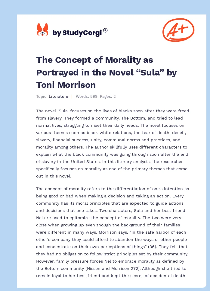 The Concept of Morality as Portrayed in the Novel “Sula” by Toni Morrison. Page 1