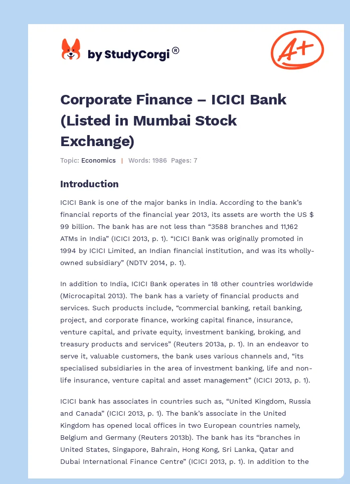 Corporate Finance – ICICI Bank (Listed in Mumbai Stock Exchange). Page 1