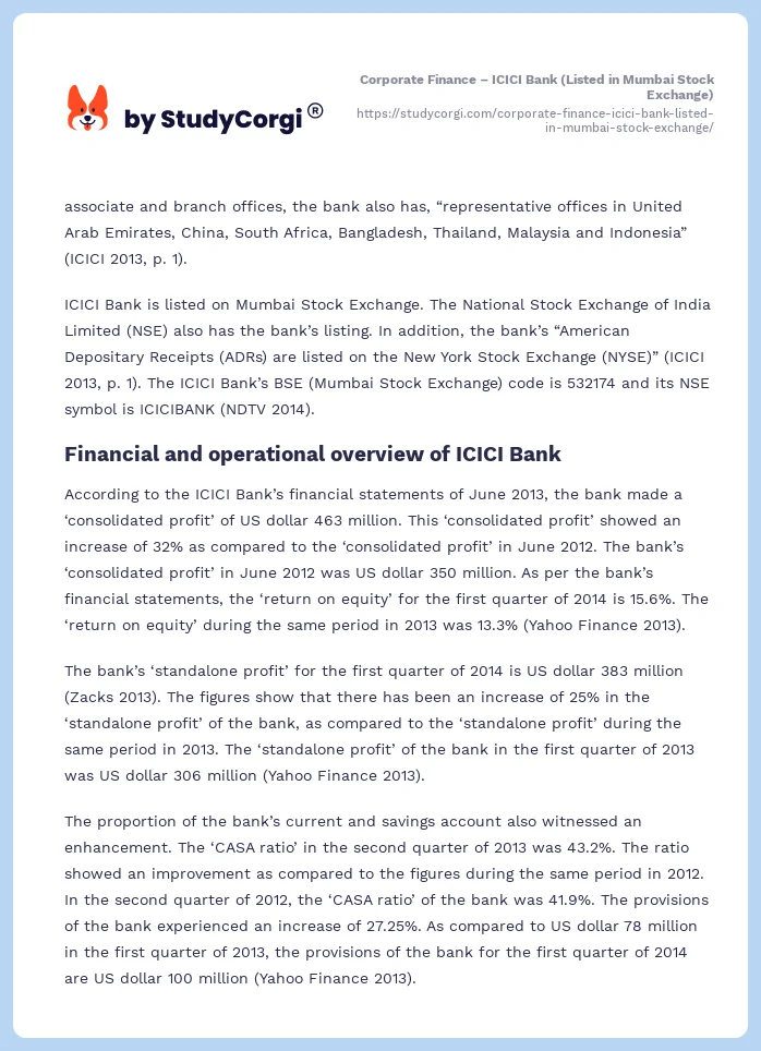 Corporate Finance – ICICI Bank (Listed in Mumbai Stock Exchange). Page 2