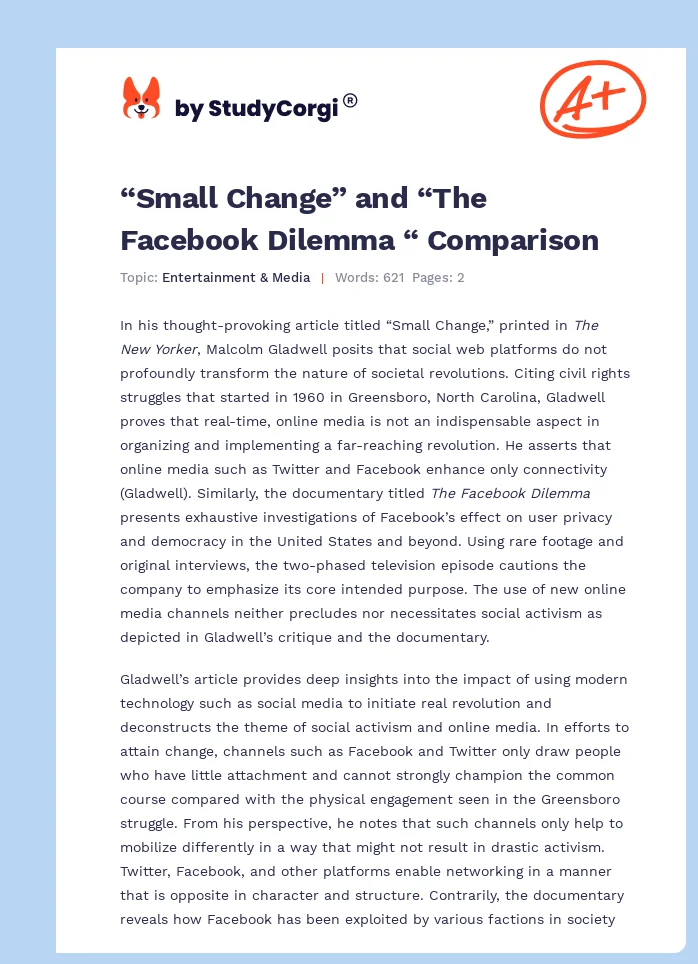 “Small Change” and “The Facebook Dilemma “ Comparison. Page 1