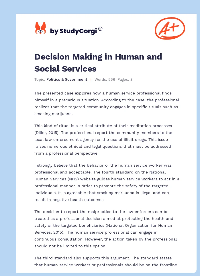 Decision Making in Human and Social Services. Page 1
