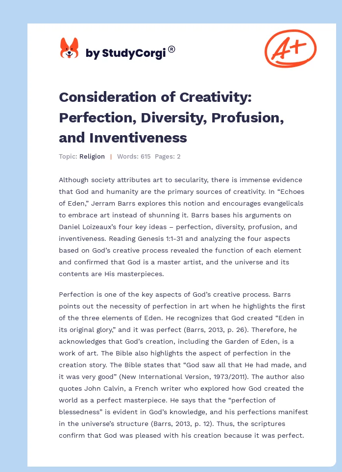Consideration of Creativity: Perfection, Diversity, Profusion, and Inventiveness. Page 1