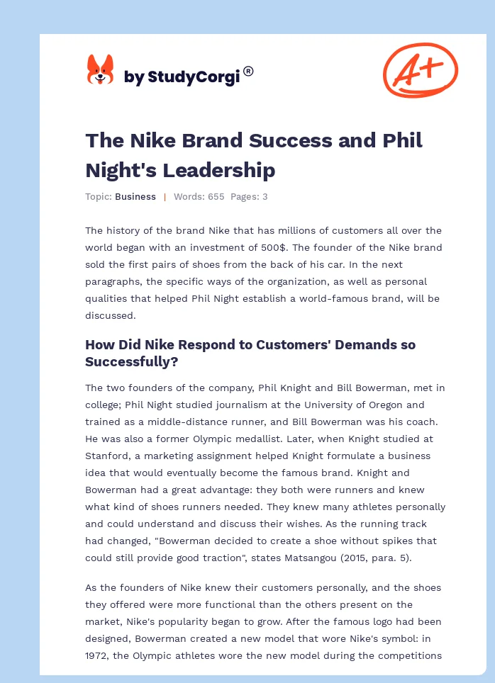 The Nike Brand Success and Phil Night's Leadership. Page 1