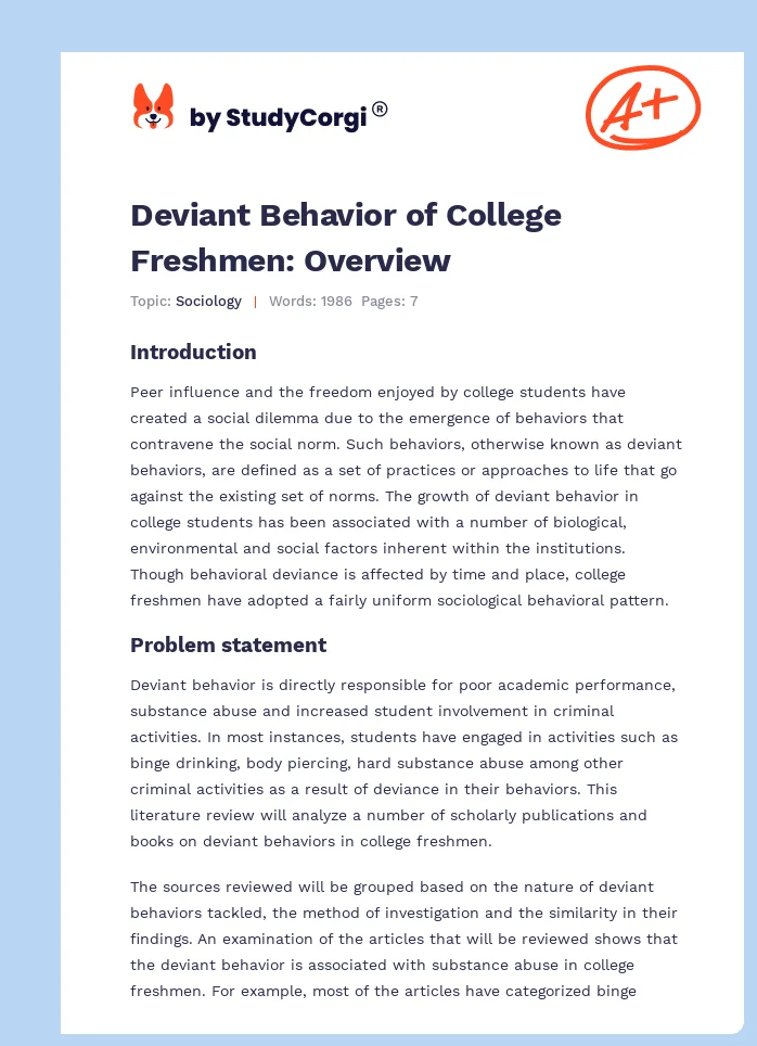 Deviant Behavior of College Freshmen: Overview. Page 1