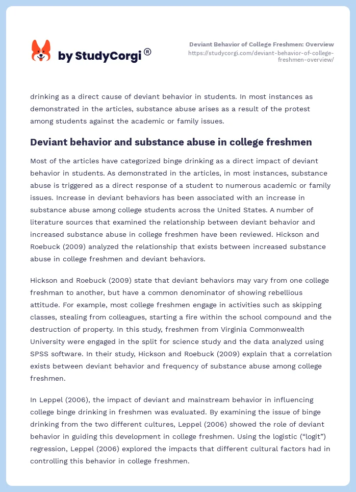 Deviant Behavior of College Freshmen: Overview. Page 2