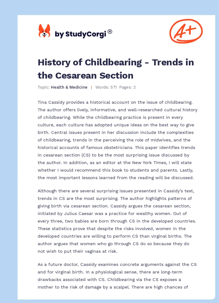History of Childbearing - Trends in the Cesarean Section. Page 1