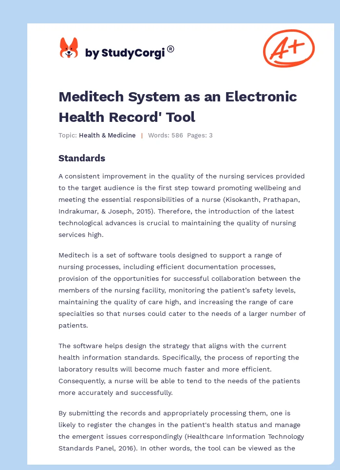 Meditech System as an Electronic Health Record' Tool. Page 1