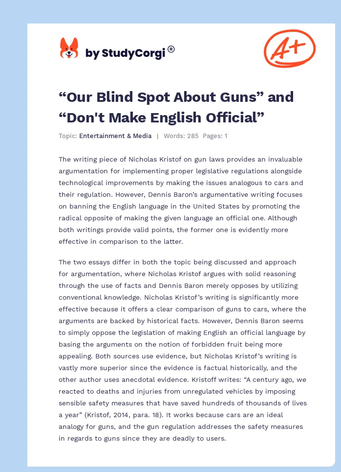 “Our Blind Spot About Guns” and “Don't Make English Official”. Page 1