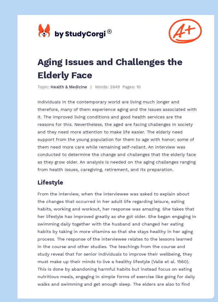 Aging Issues and Challenges the Elderly Face. Page 1