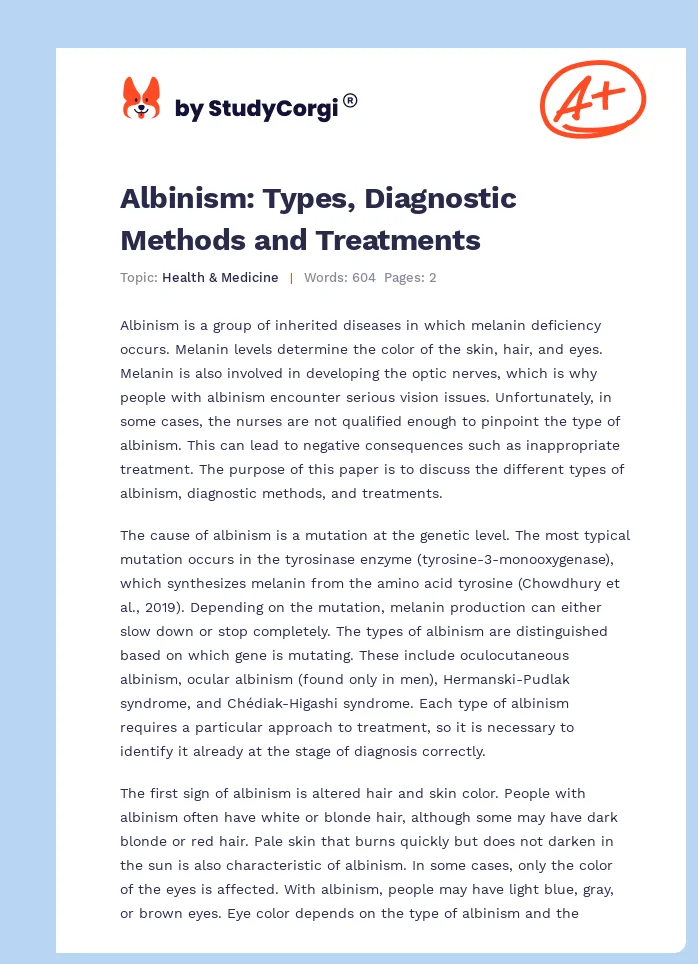 Albinism: Types, Diagnostic Methods and Treatments. Page 1