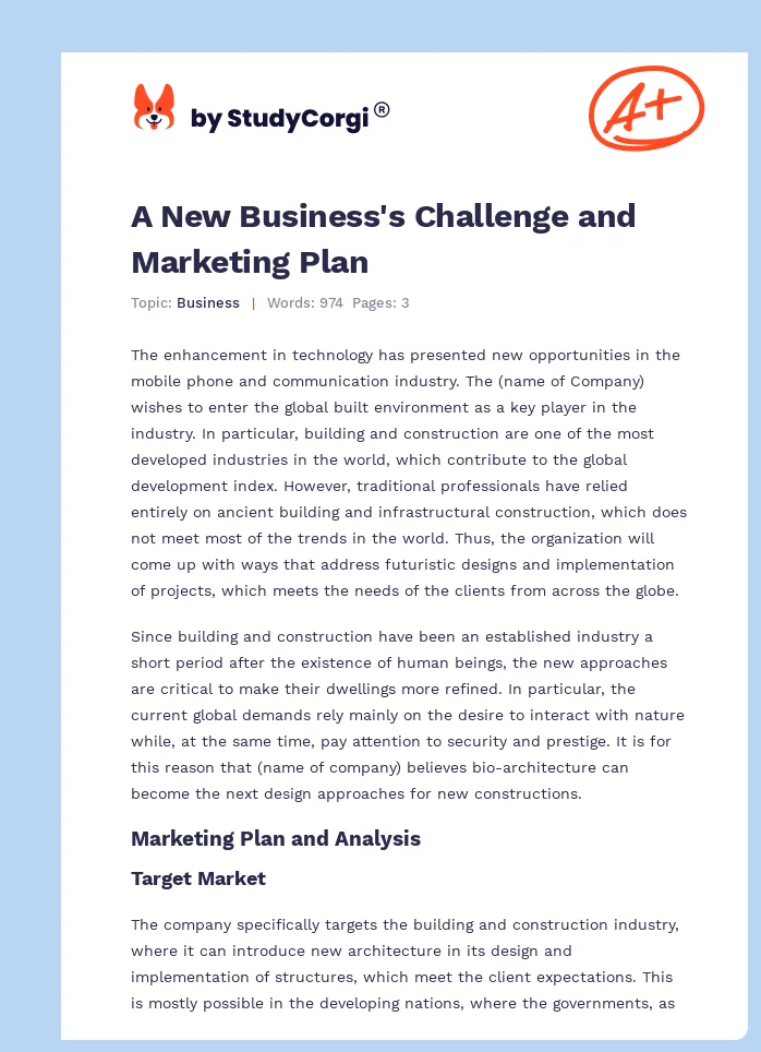 A New Business's Challenge and Marketing Plan. Page 1
