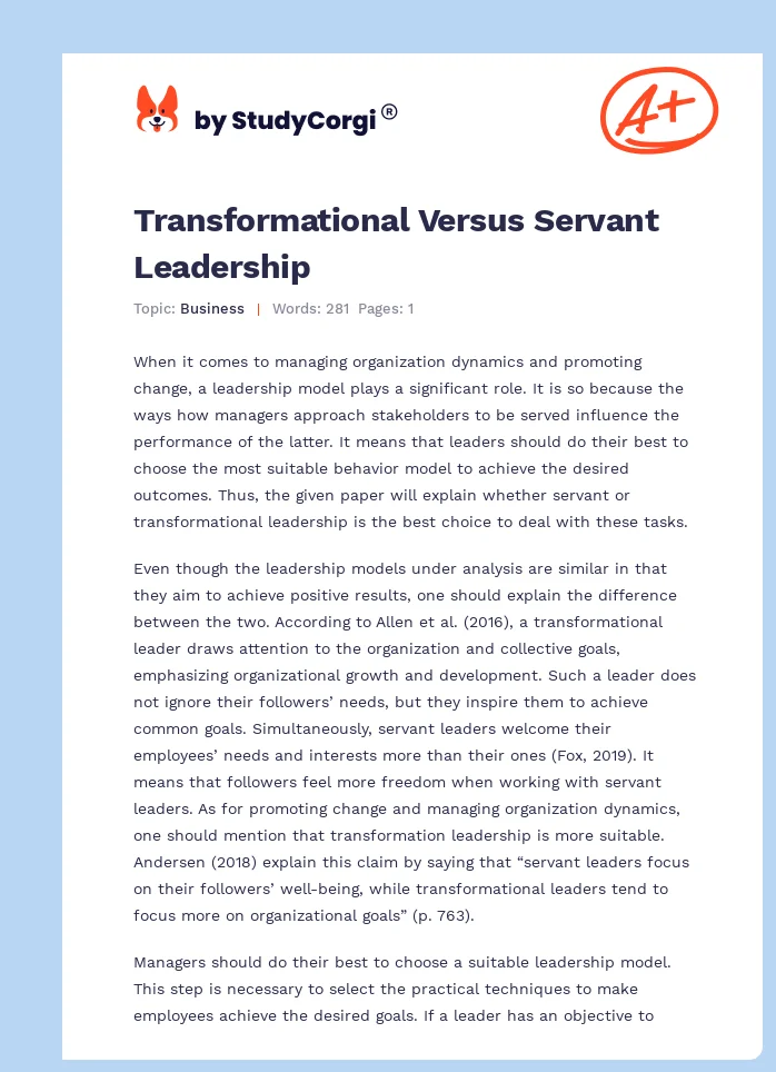 Transformational Versus Servant Leadership. Page 1