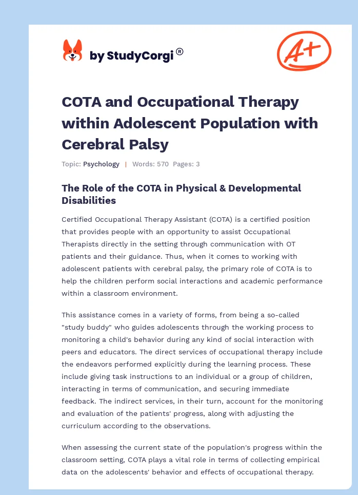 COTA and Occupational Therapy within Adolescent Population with Cerebral Palsy. Page 1