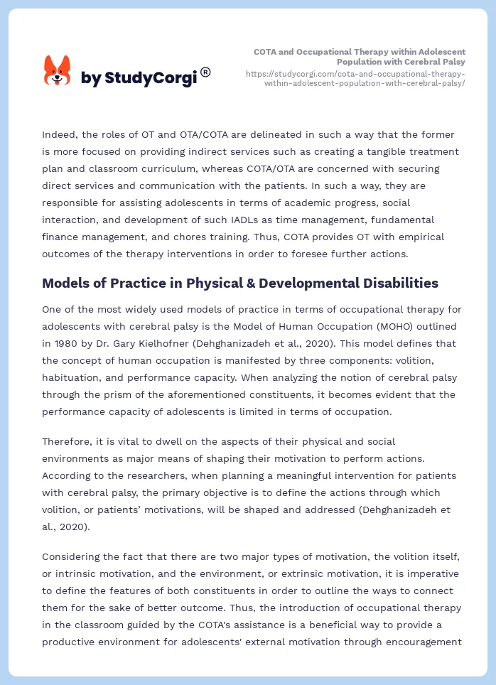 COTA and Occupational Therapy within Adolescent Population with Cerebral Palsy. Page 2