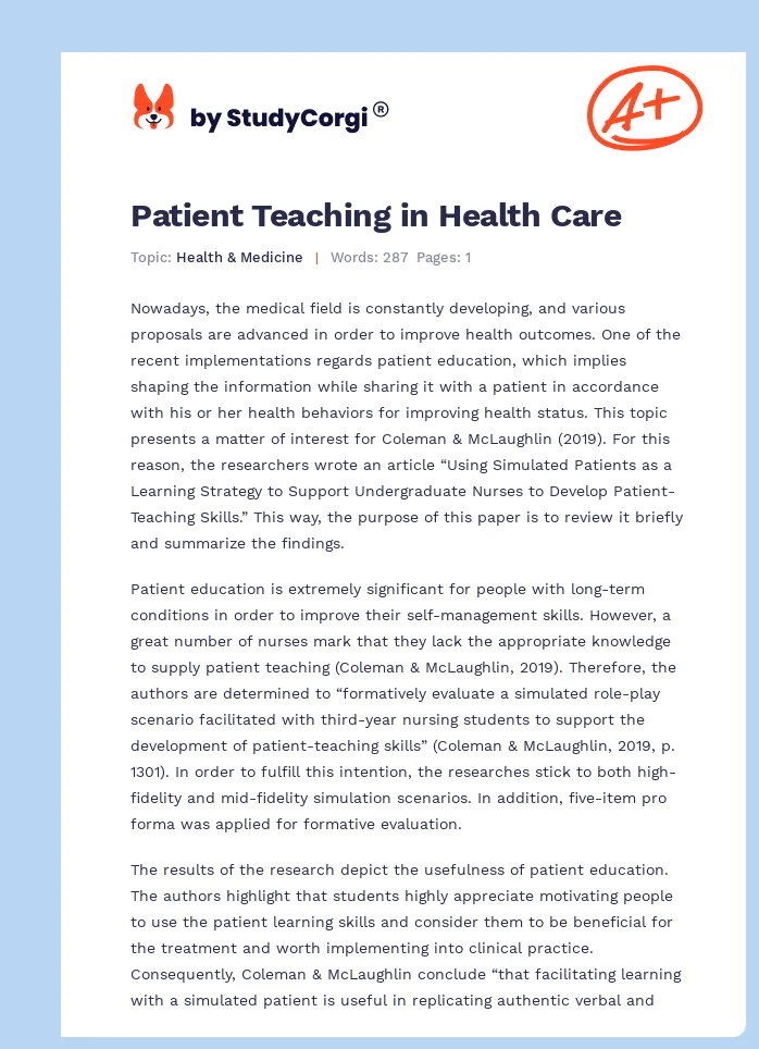 Patient Teaching in Health Care. Page 1