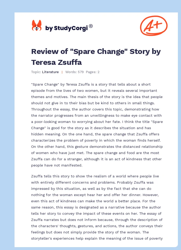 Review of "Spare Change" Story by Teresa Zsuffa. Page 1