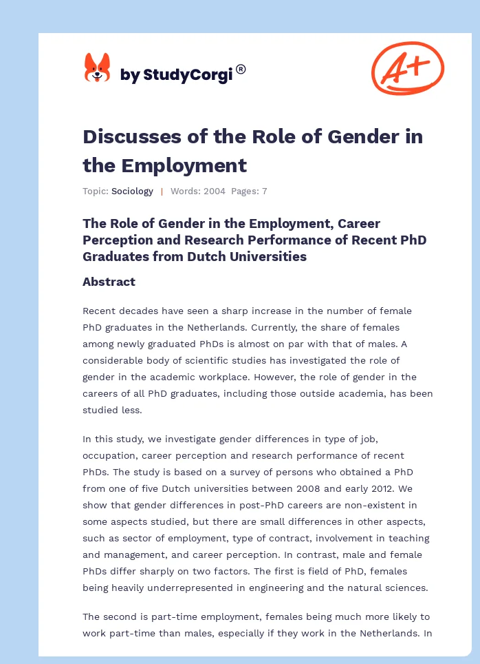 Discusses of the Role of Gender in the Employment. Page 1