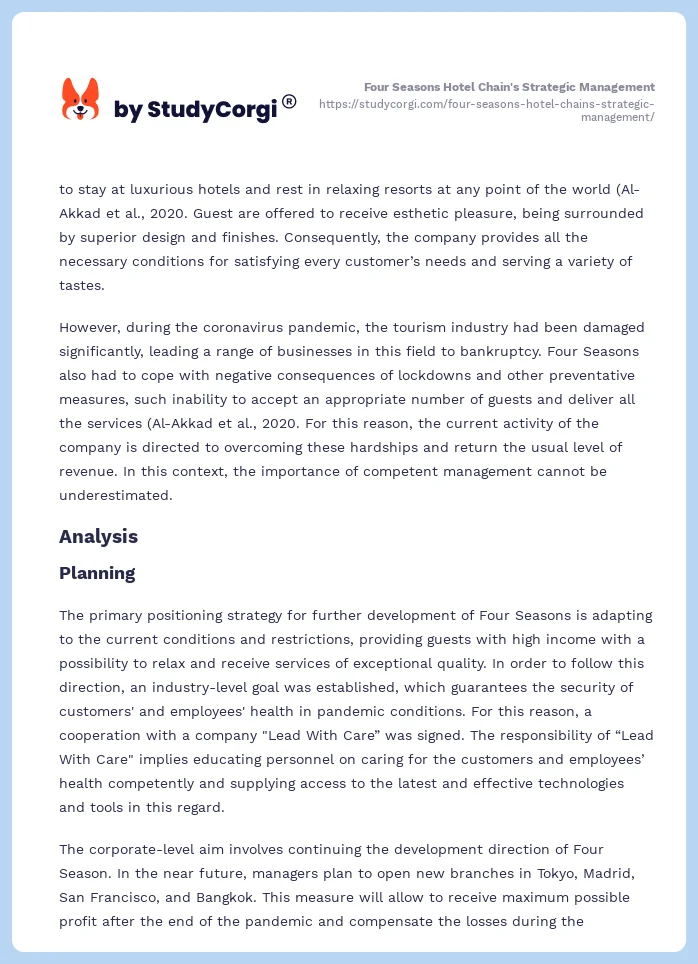 Four Seasons Hotel Chain's Strategic Management. Page 2