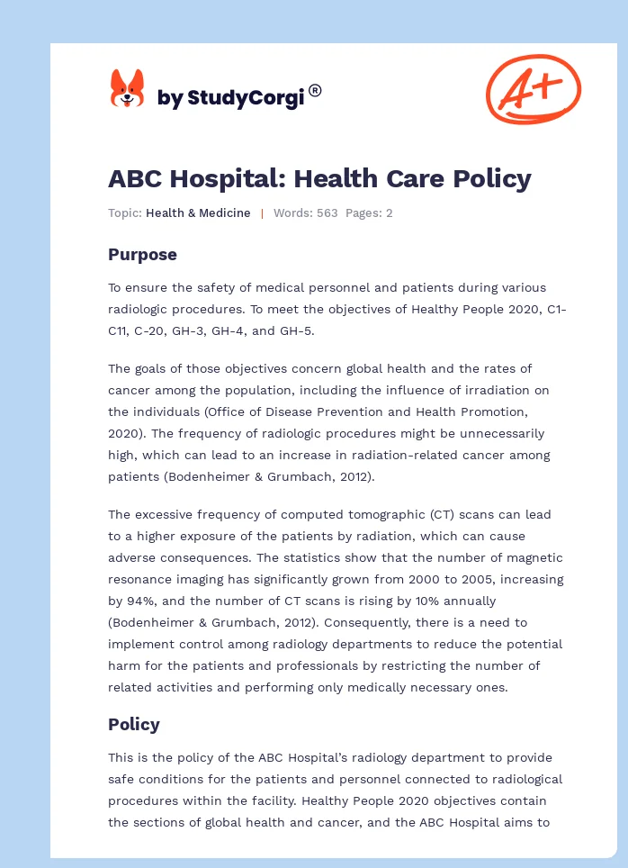 ABC Hospital: Health Care Policy. Page 1