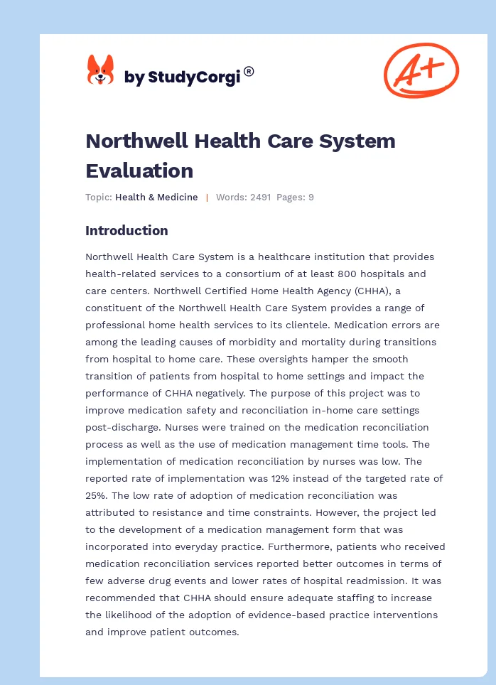 Northwell Health Care System Evaluation. Page 1