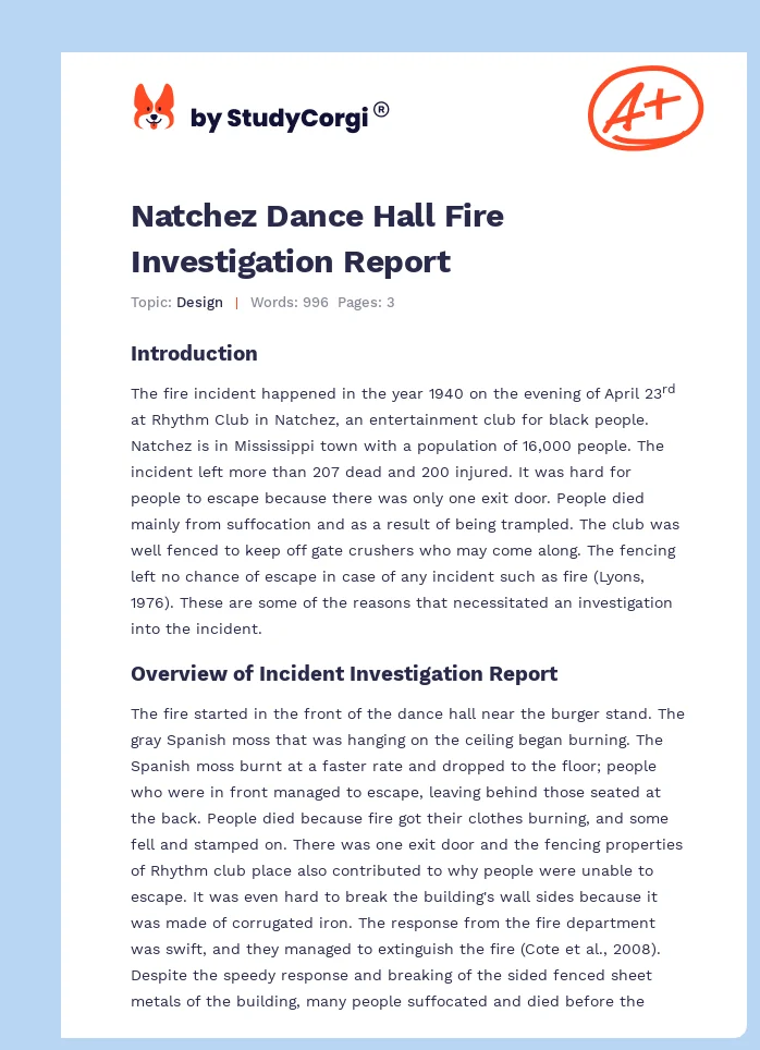 Natchez Dance Hall Fire Investigation Report. Page 1