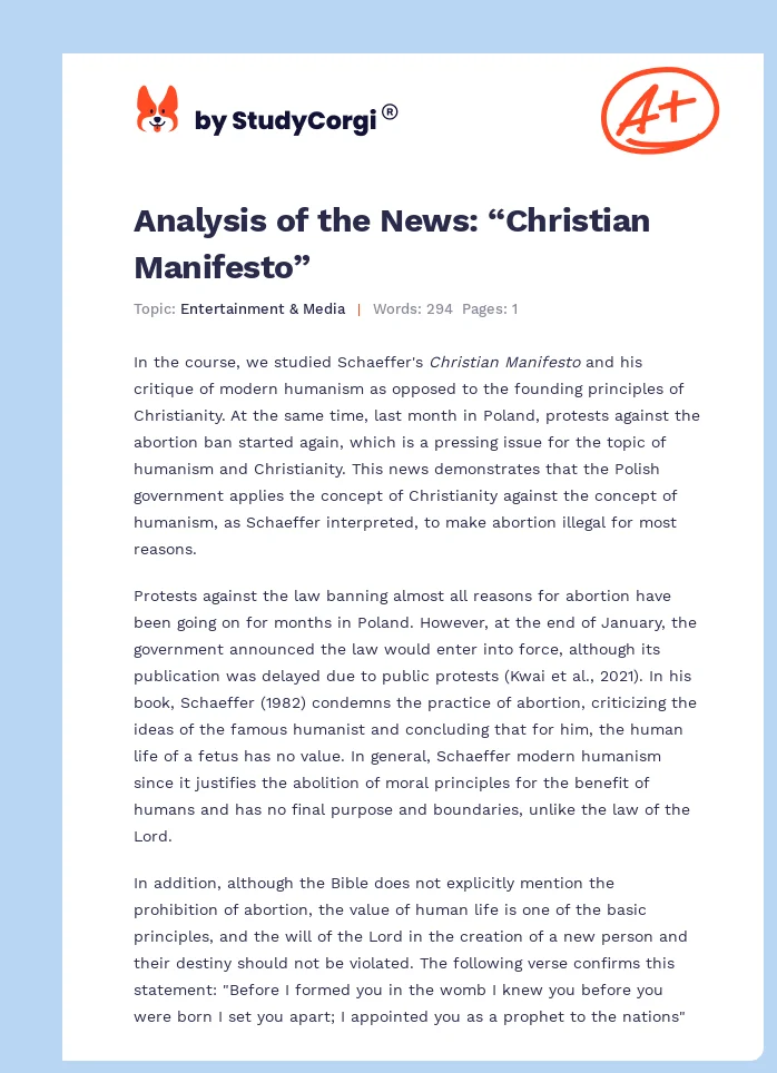 Analysis of the News: “Christian Manifesto”. Page 1
