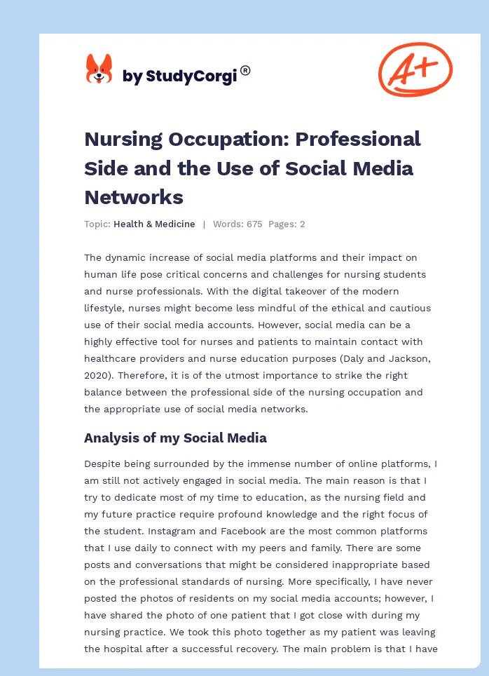 Nursing Occupation: Professional Side and the Use of Social Media Networks. Page 1
