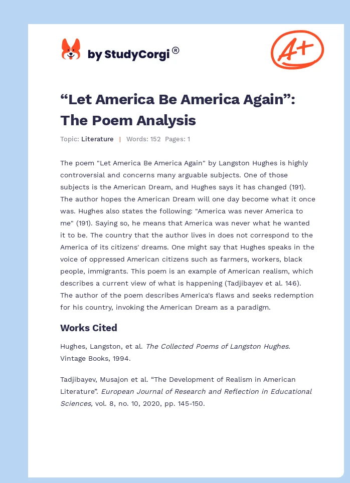 “Let America Be America Again”: The Poem Analysis. Page 1