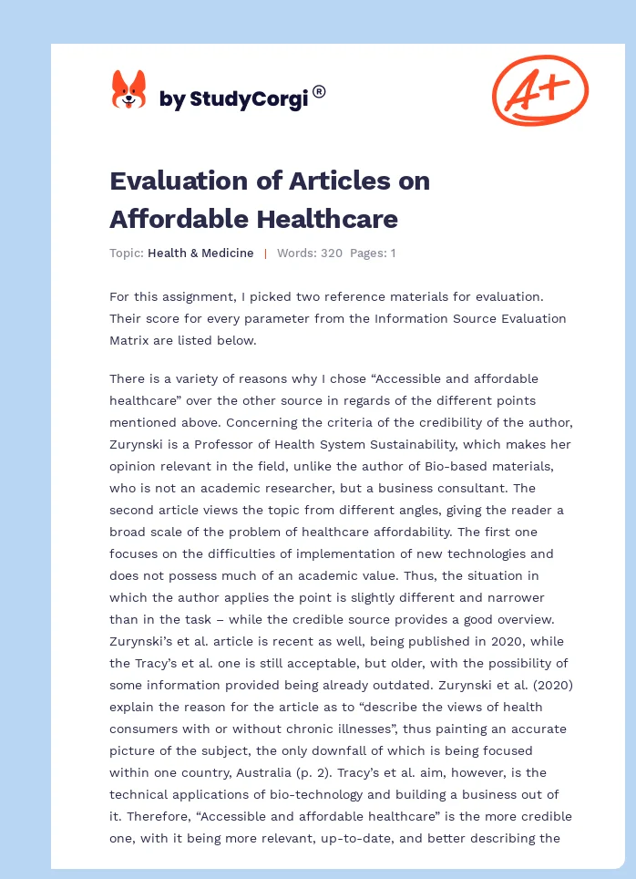 Evaluation of Articles on Affordable Healthcare. Page 1