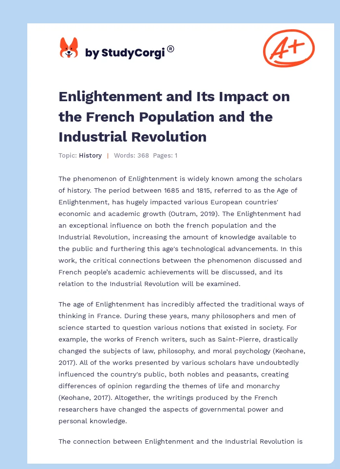 Enlightenment and Its Impact on the French Population and the Industrial Revolution. Page 1