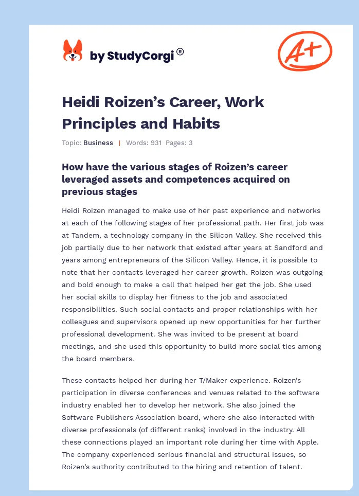 Heidi Roizen’s Career, Work Principles and Habits. Page 1