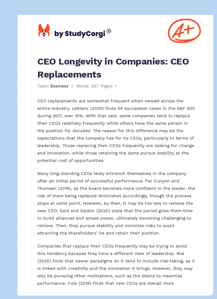 CEO Longevity in Companies: CEO Replacements. Page 1