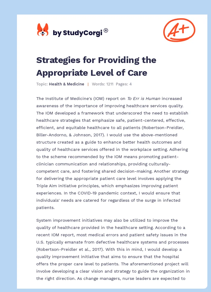 Strategies for Providing the Appropriate Level of Care. Page 1