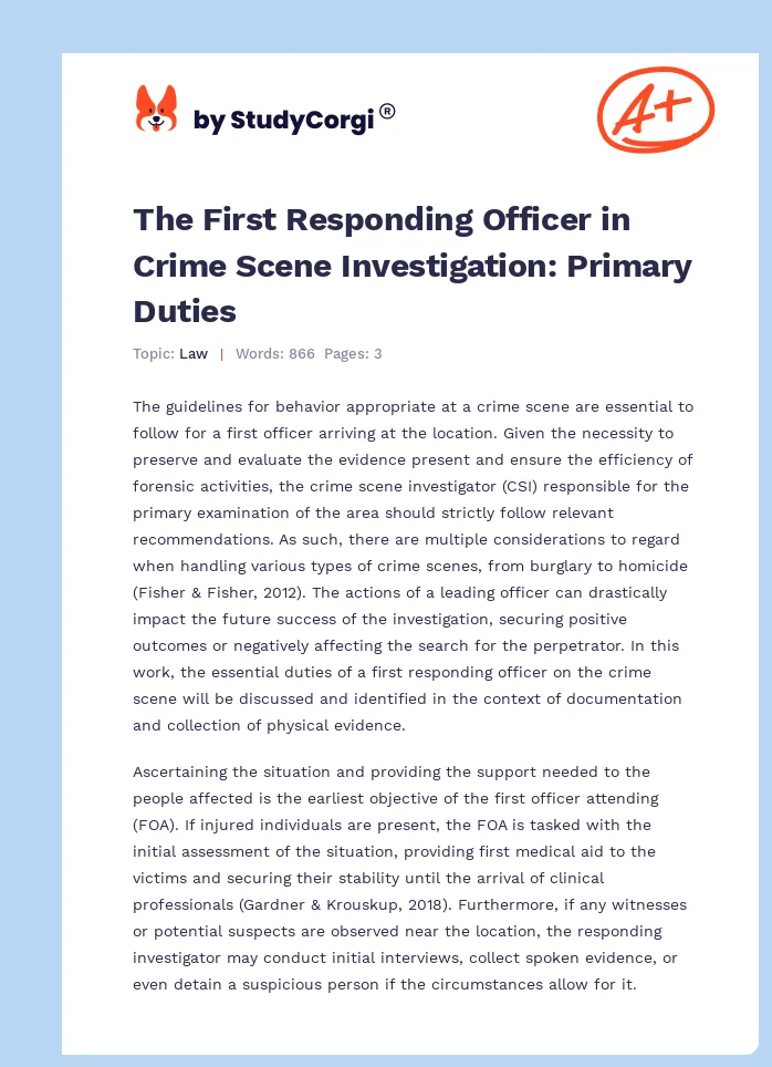 The First Responding Officer in Crime Scene Investigation: Primary Duties. Page 1