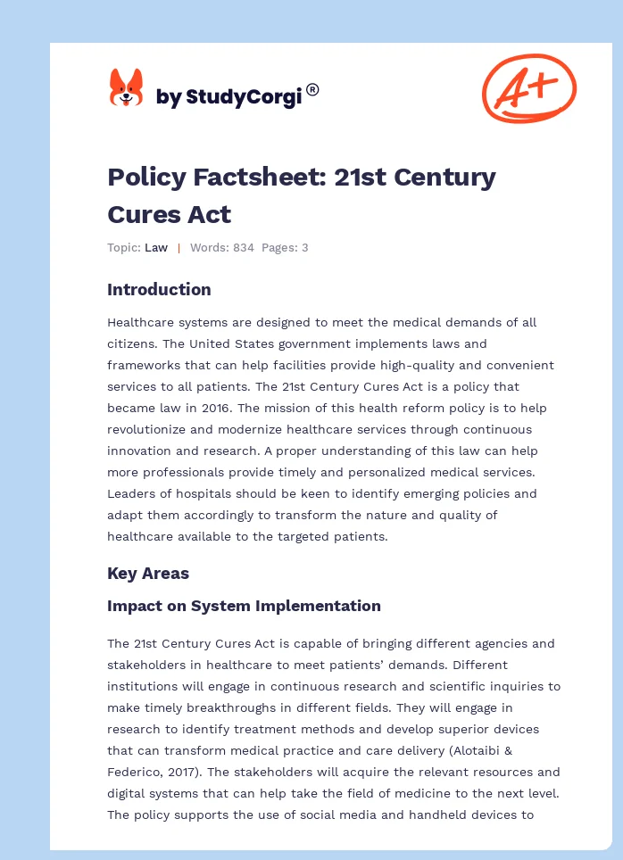 Policy Factsheet: 21st Century Cures Act. Page 1