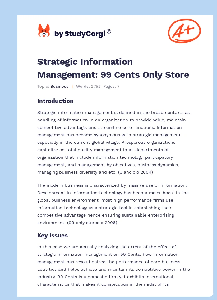 Strategic Information Management: 99 Cents Only Store. Page 1