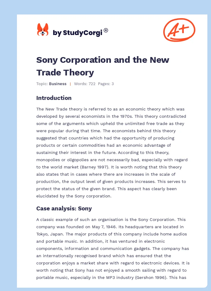 Sony Corporation and the New Trade Theory. Page 1
