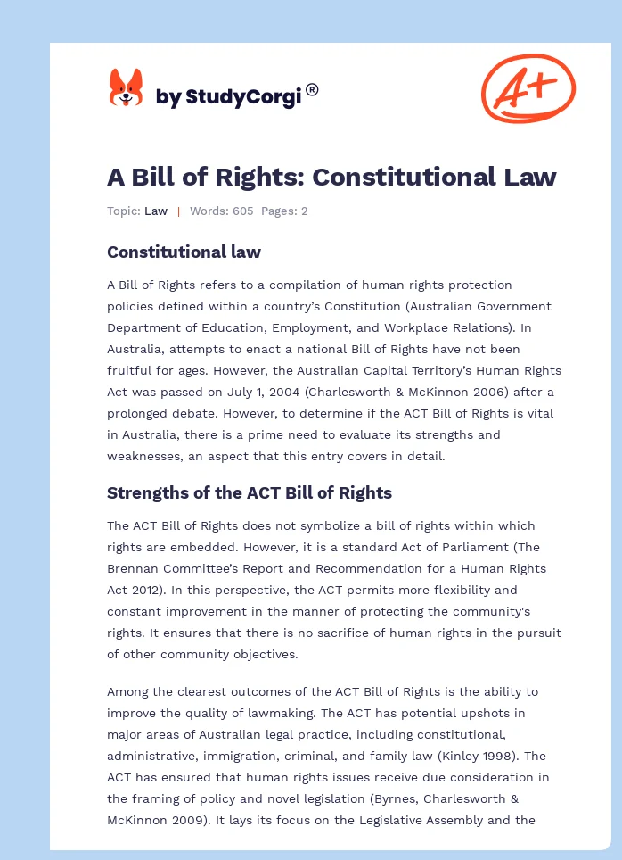 A Bill of Rights: Constitutional Law. Page 1