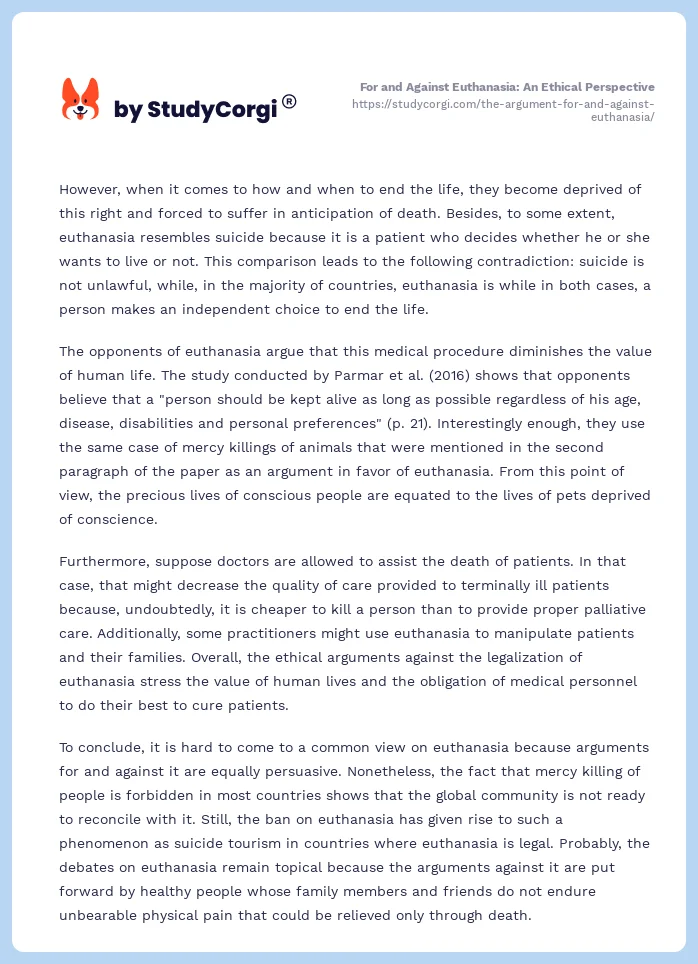 For and Against Euthanasia: An Ethical Perspective. Page 2