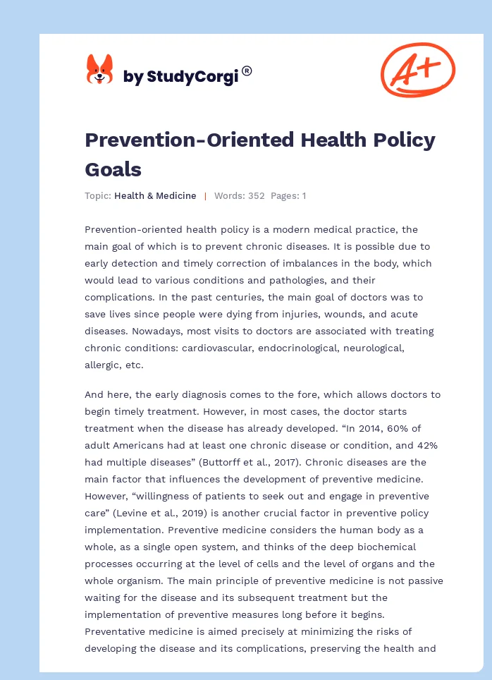 Prevention-Oriented Health Policy Goals. Page 1