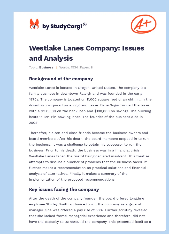 Westlake Lanes Company: Issues and Analysis. Page 1
