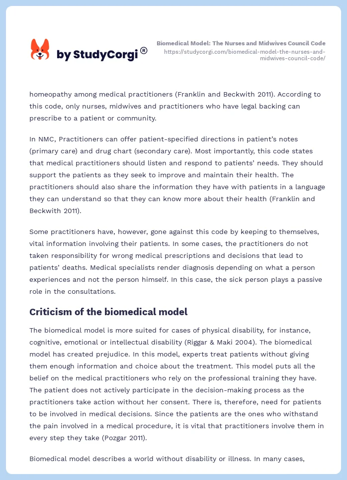 Biomedical Model: The Nurses and Midwives Council Code. Page 2
