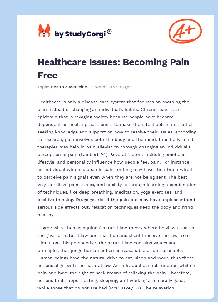 Healthcare Issues: Becoming Pain Free. Page 1