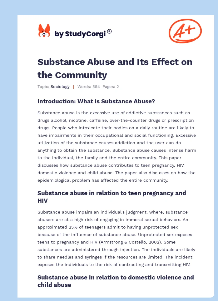 Substance Abuse and Its Effect on the Community. Page 1